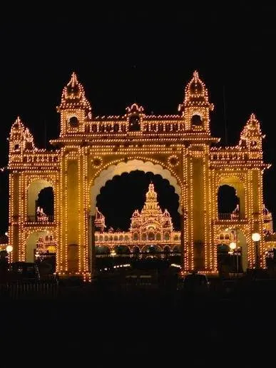 The palace archway picked out in light