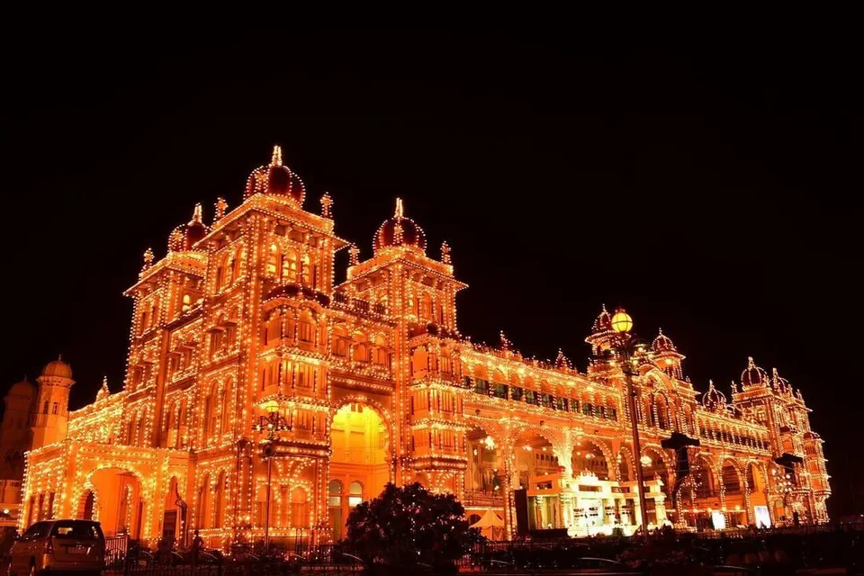 Amba Vilas Palace floodlit against the night